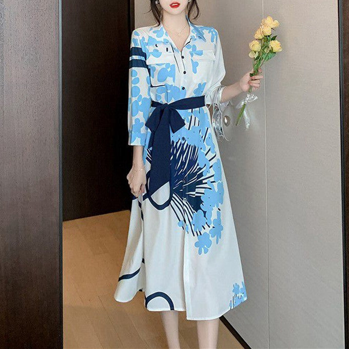 【Dress】フェミニン人気プリント知的長袖シャツワンピース W7725