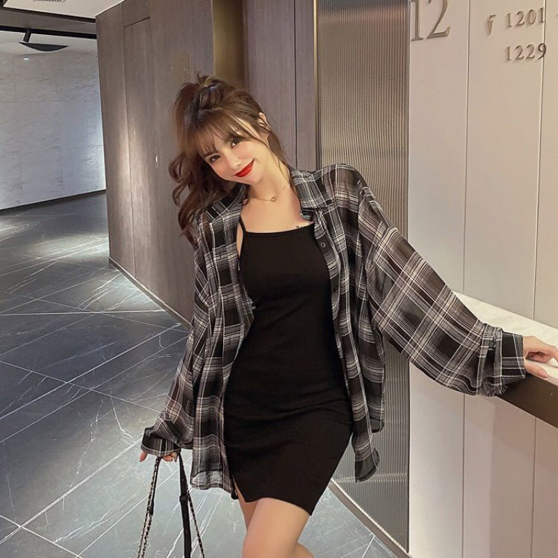 【Set】チェック柄シャツ + キャミワンピース重ね着2点セット   Z-2403