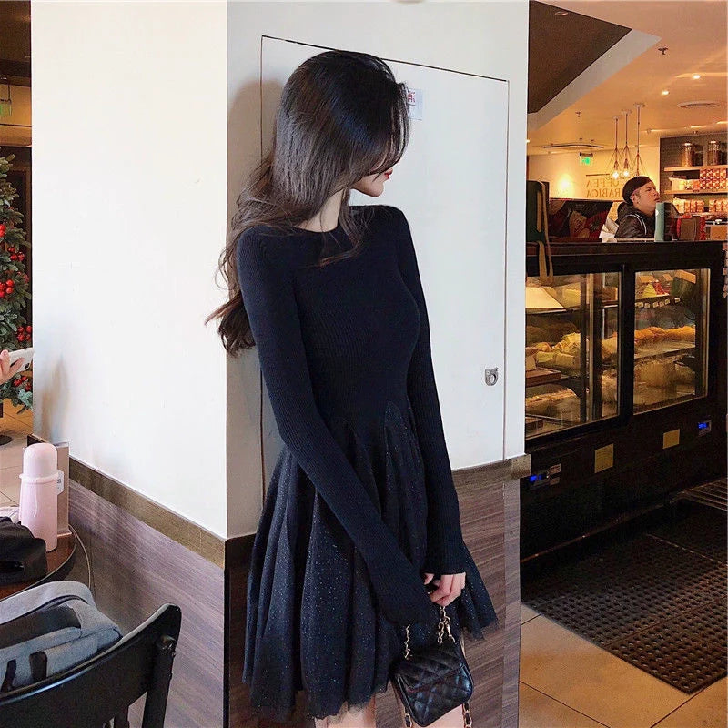 【Dress】チュール切替ニットワンピース W8214