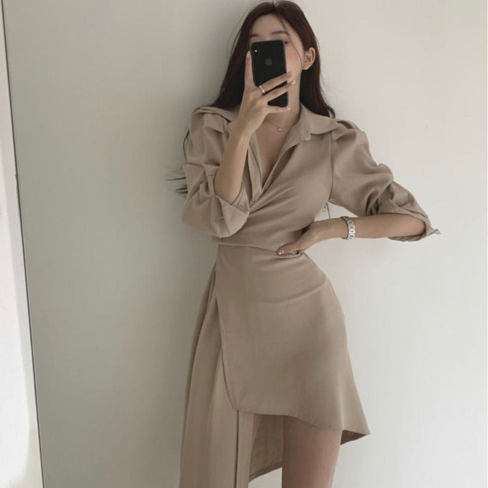 【Dress】韓国ファッションins風イレギュラー春秋ハイウエスト着痩せシャツワンピース2色選択可 Z-4744