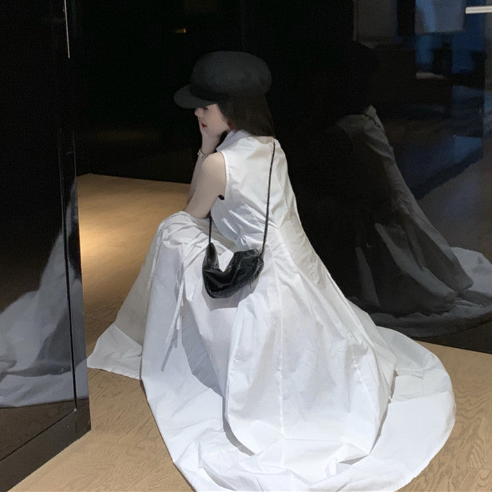 【Dress】大人気~ノースリーブウエスト絞りイレギュラー夏シャツワンピース W-5939