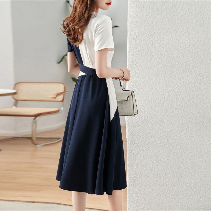 【Dress】オフィスカジュアル配色vネック半袖シャツワンピース Z-5624