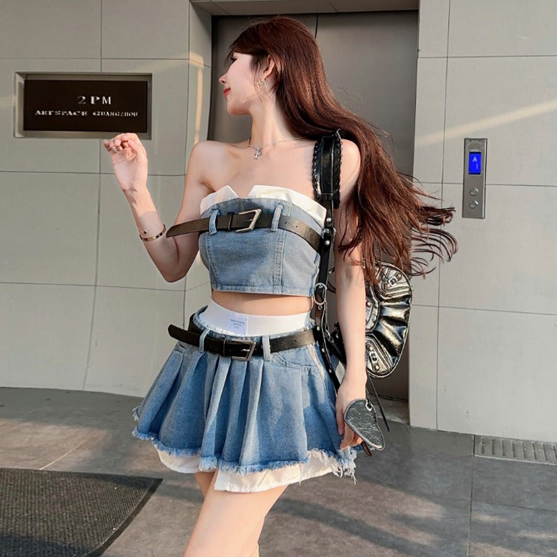 【Set】ベアトップ×スカートデニムセット W11937