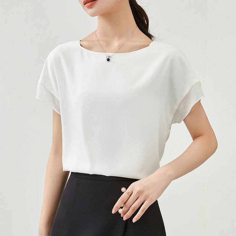 【Tops】大人シンプル無地クルーネック半袖シフォンブラウス Z-5585