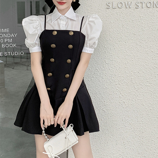 【Set】低身長方レイヤード2点セット シャツ +キャミソールワンピース W7590