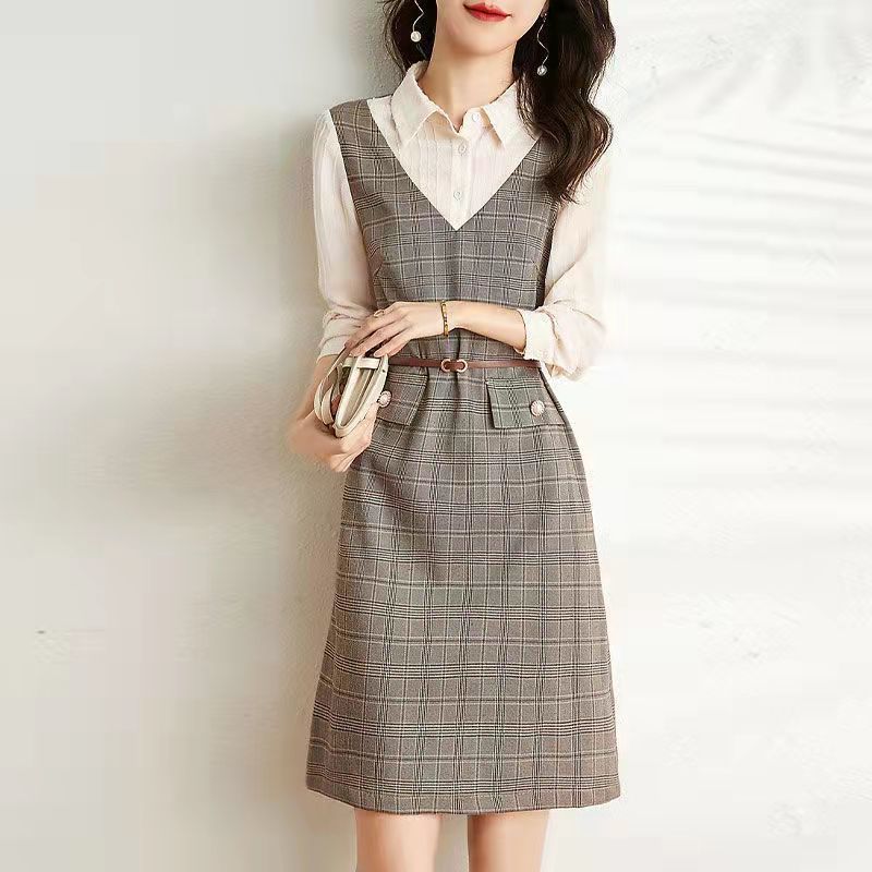 【Dress】チェック柄フェイクレイヤードワンピース W9326
