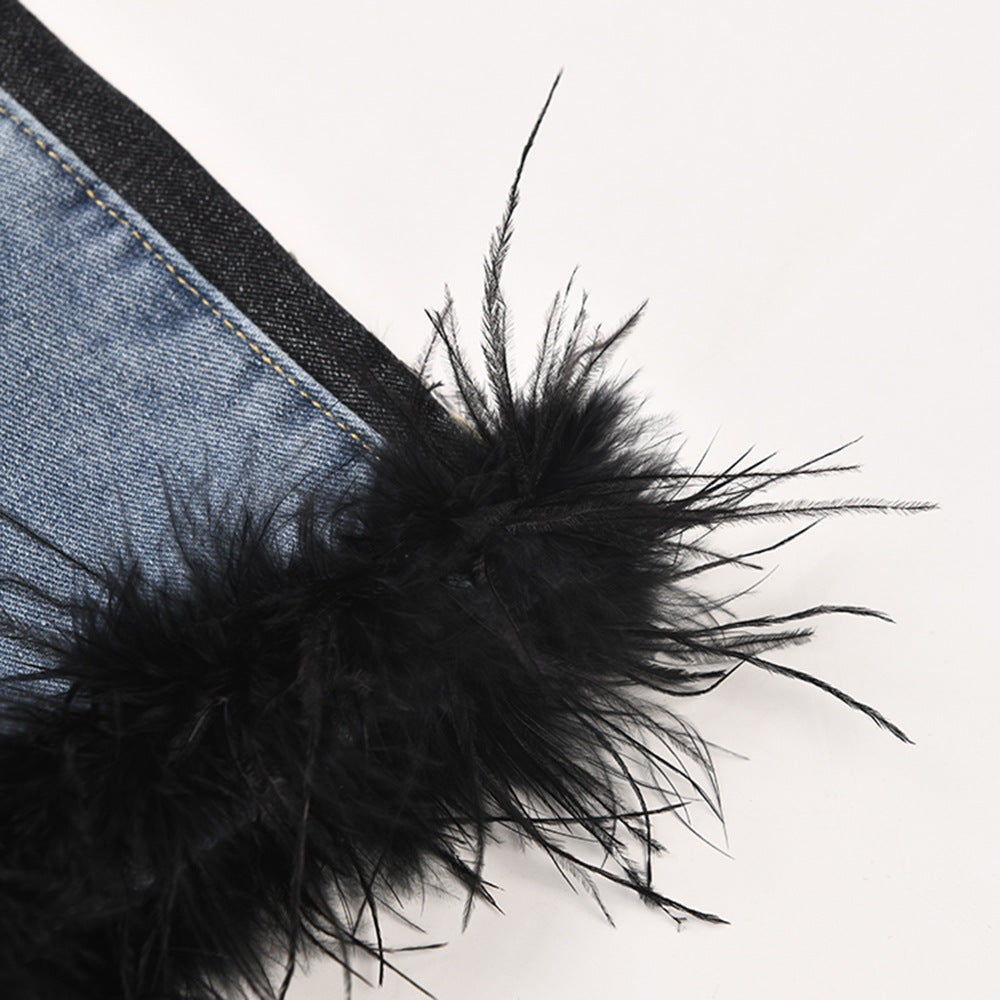 【Bottoms】フェイクファーデニムミニスカート W7904