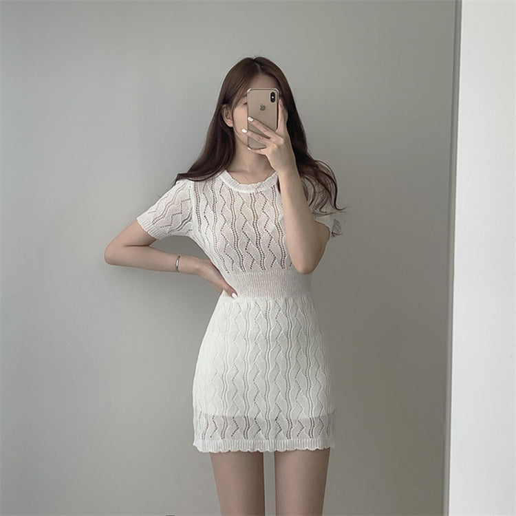 【Dress】2色展開~韓国ファッションins風Aライン半袖ニットワンピース着痩せ Z-5065