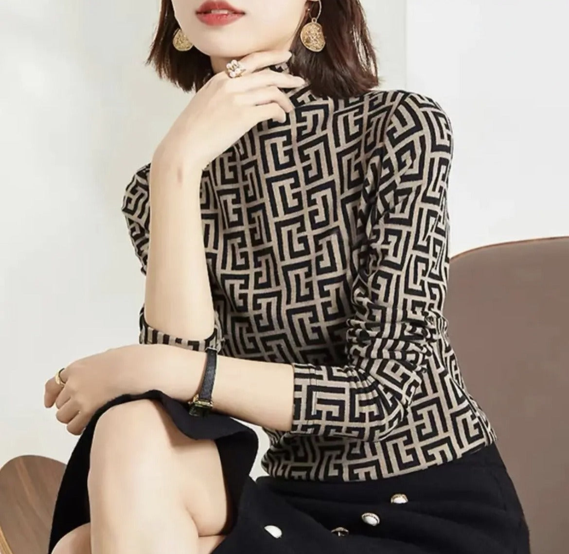 【Tops】2色展開ハイネック春秋ニット W14210