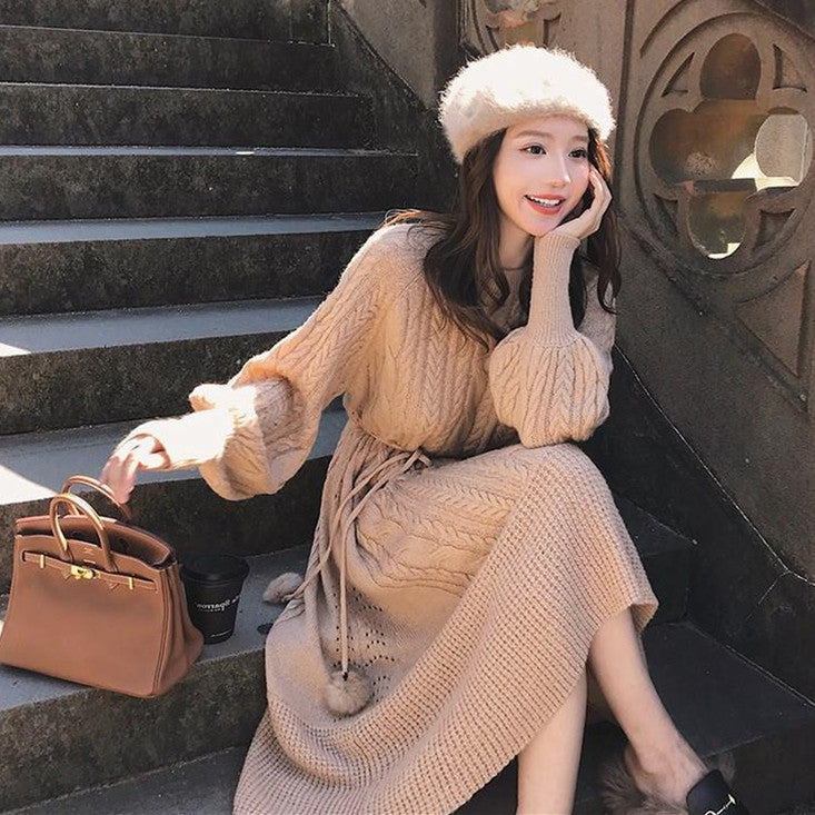 【Dress】ランタンスリーブニットワンピース W9437