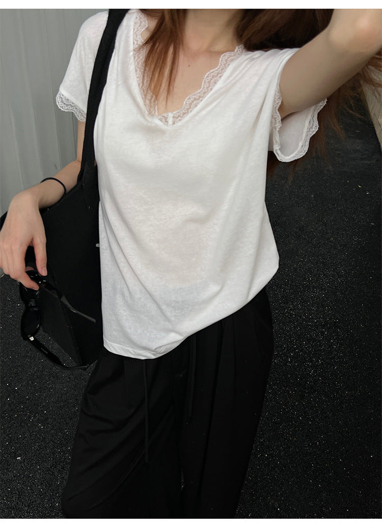 【Tops】レース切り替えTシャツ W12552