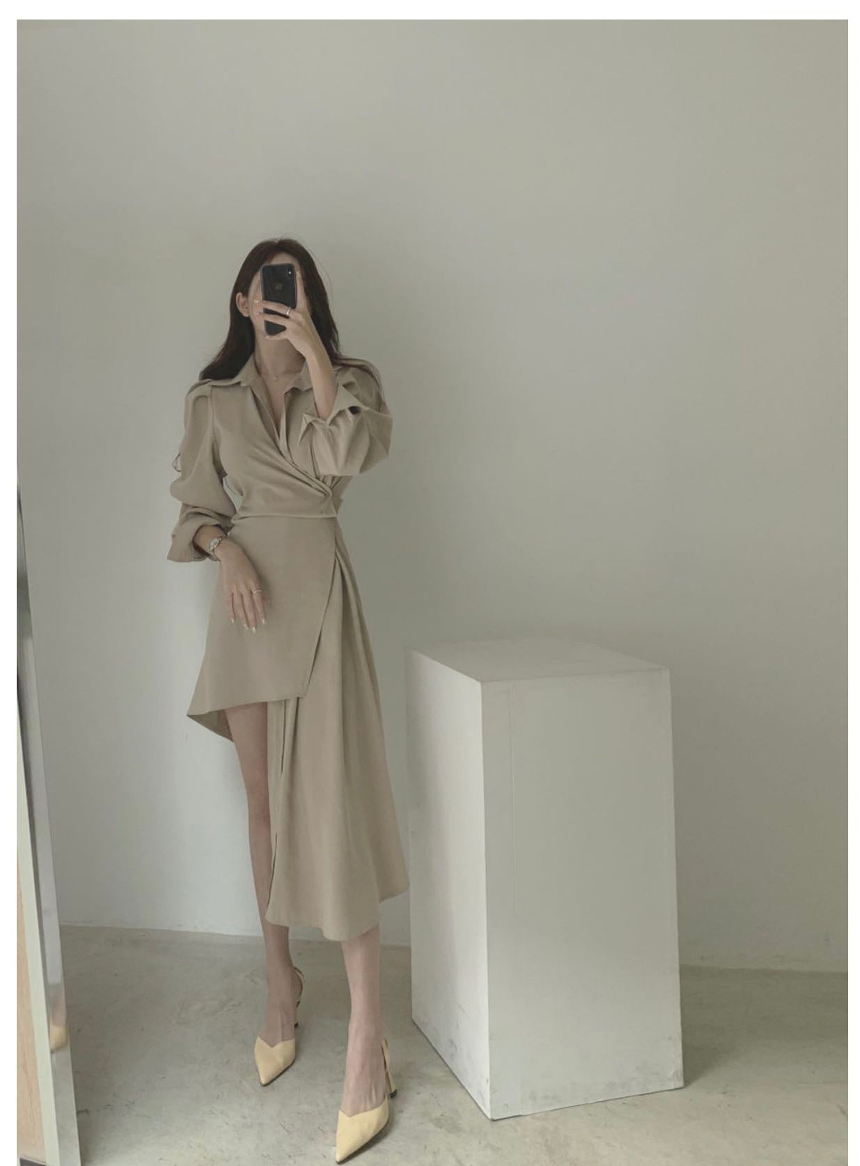 【Dress】韓国ファッションins風イレギュラー春秋ハイウエスト着痩せシャツワンピース2色選択可 Z-4744