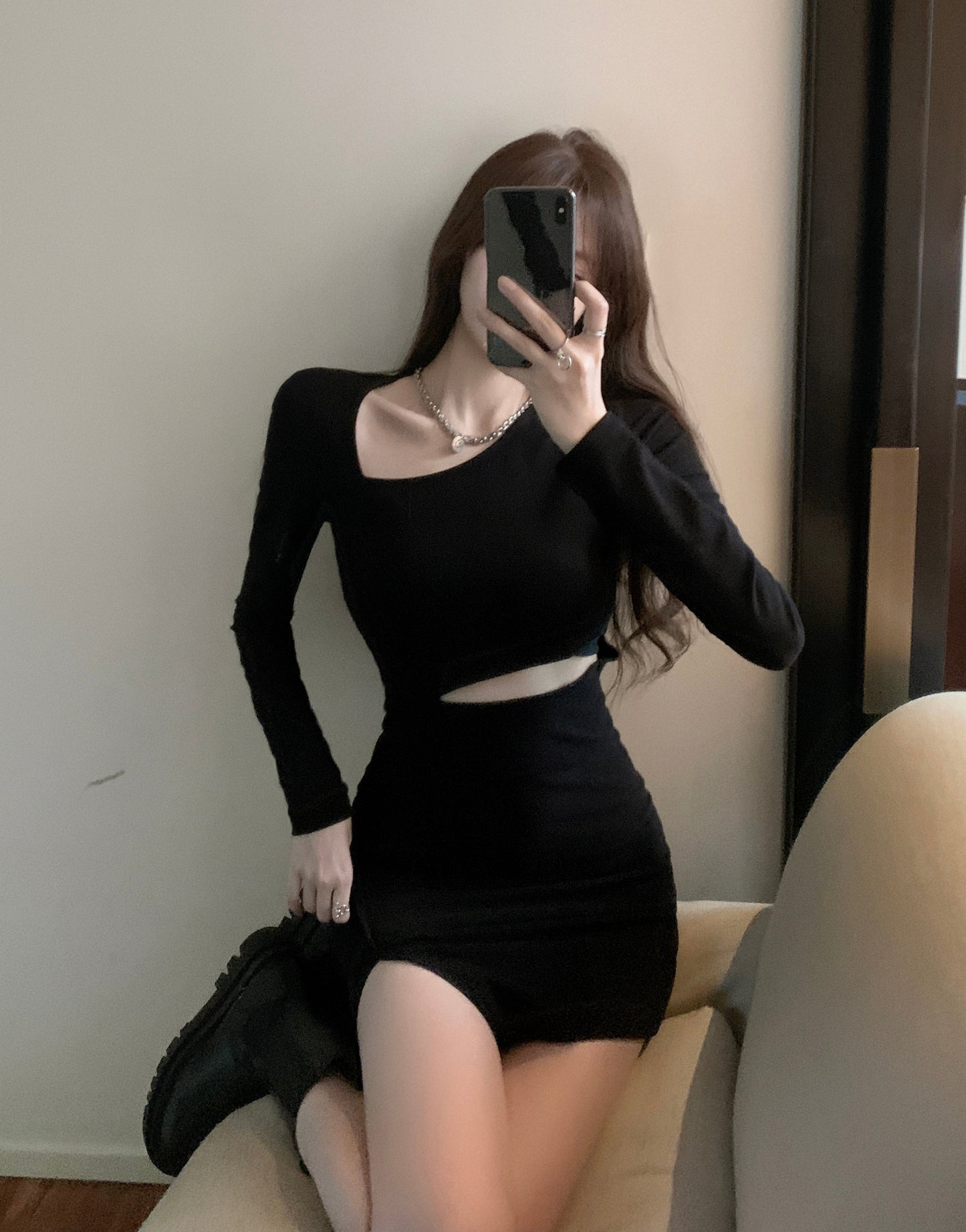 【Dress】春秋透かし彫りワンピース W14675