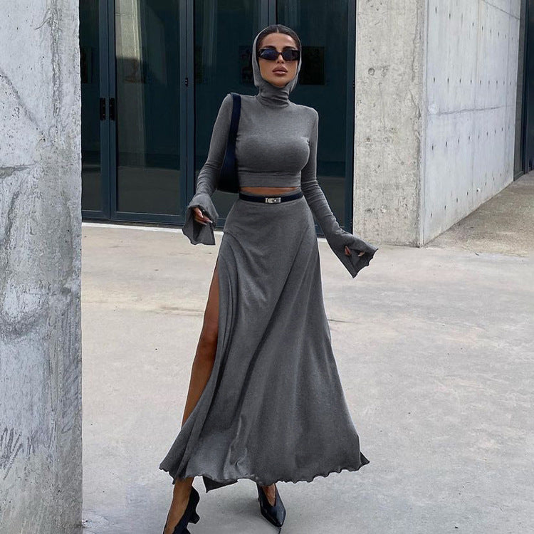 【Set】フード付きトップス+ ハイスリットスカート2点セット T01286