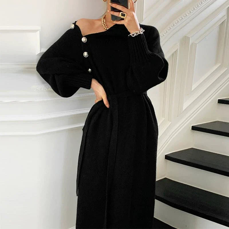 【Dress】新入荷~ボタンデザインニットワンピース W9487