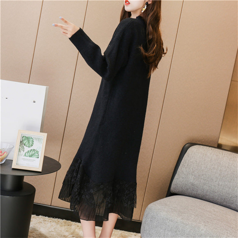 【Dress】レース切り替えルーズニットワンピース W7981