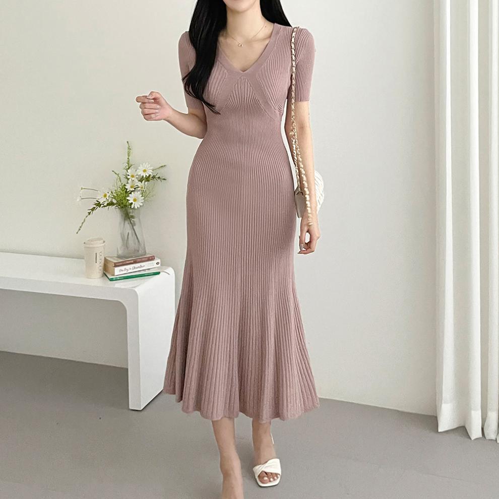 【Dress】大人シンプル無地vネック半袖マーメイドワンピース Z-5672