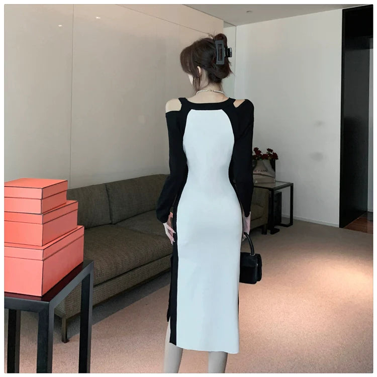 【Dress】肩見せ配色ニットワンピース W9284