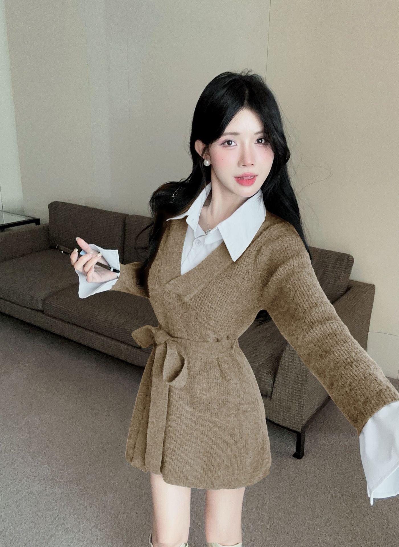 【Dress】フェイクレイヤードニットワンピース W14432