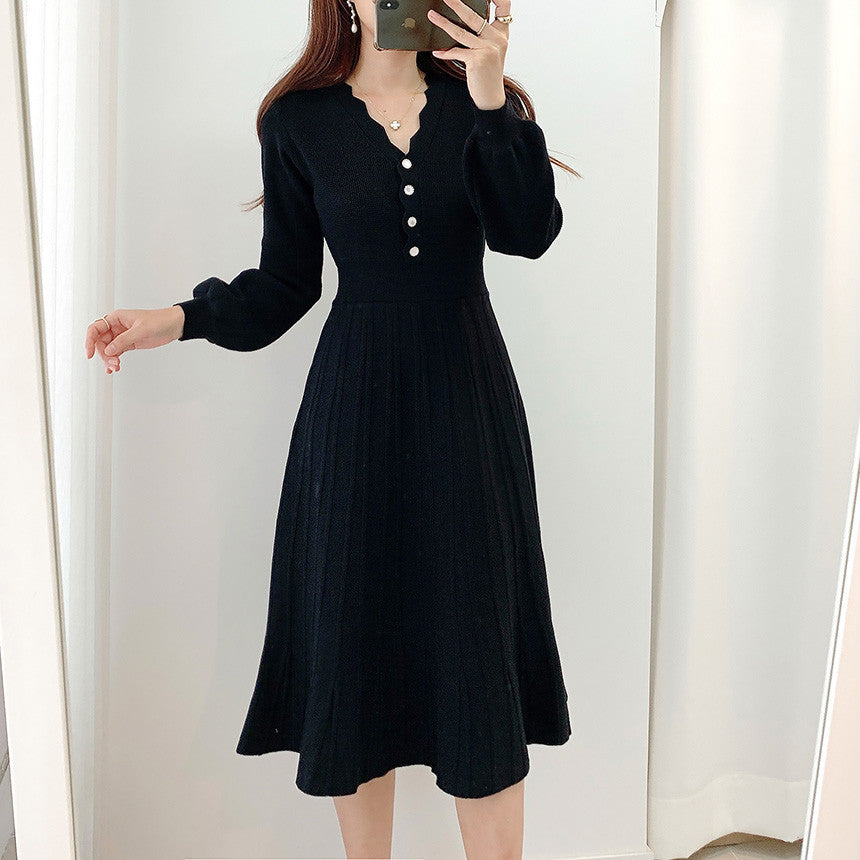 【Dress】早い者勝ち~3色展開気質レトロ長袖ニットワンピース W7811