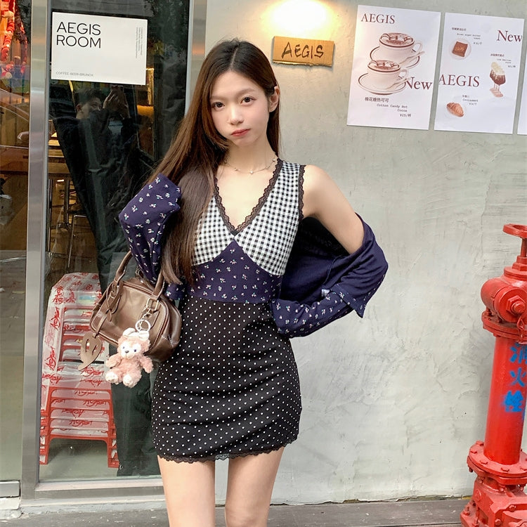 【Set】花柄カーディガン+切り替えワンピース2点セット T01360