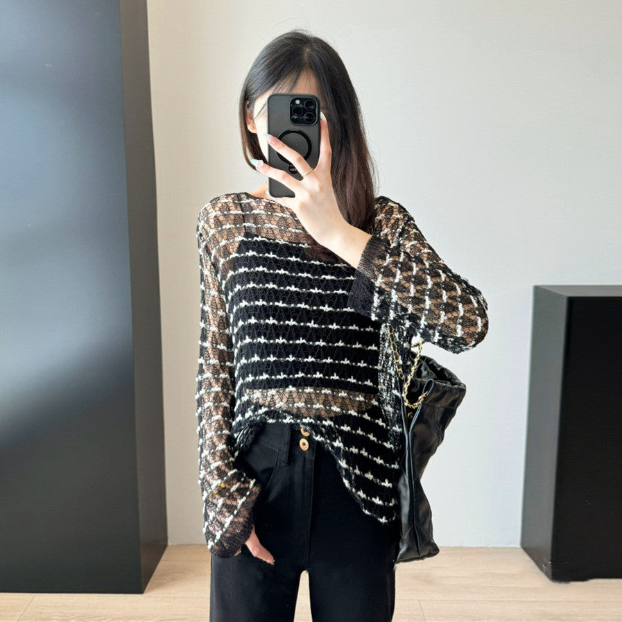 【Tops】3色展開透かし彫りニット W13256