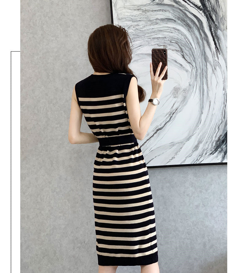 【Dress】美人度アップ~韓国系ストライプリボン付き膝丈ノースリーブニットワンピース W-4751