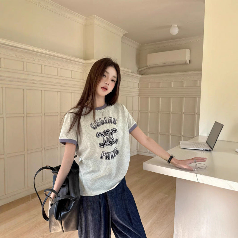 【Tops】ラウンドネック配色Tシャツ T01548