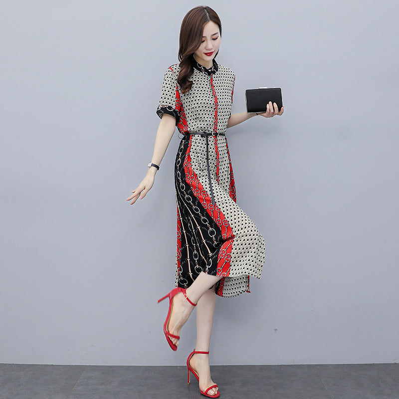 【Dress】人気爆発中~フェミニン半袖ロング丈配色薄い夏シャツワンピース W-6129