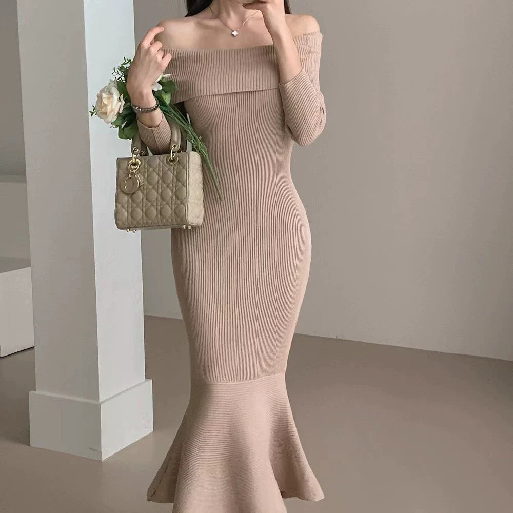 【Dress】オフショルダーマーメイドワンピース W8194
