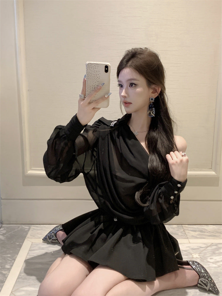 【Set】リボン付きトップス+ミニスカートセット T01383