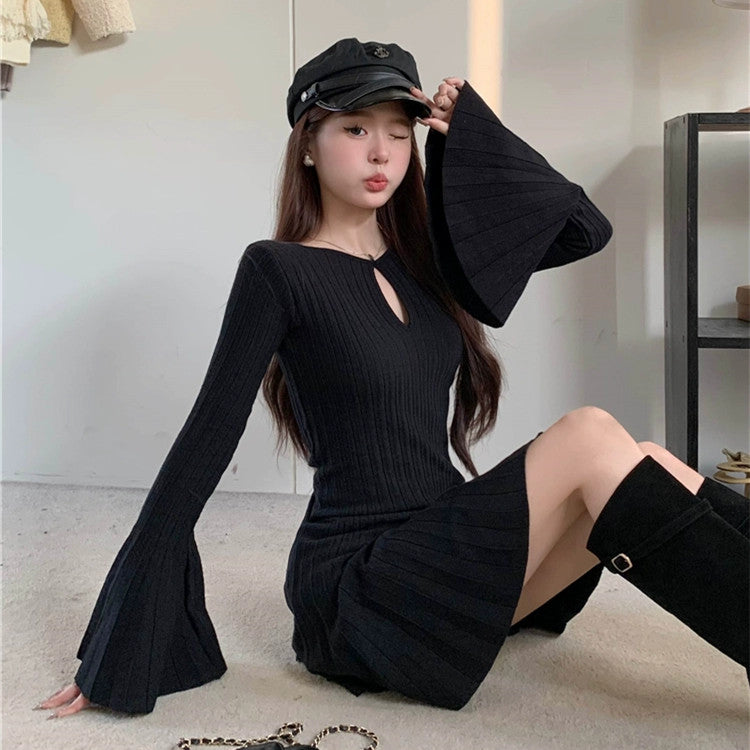 【Dress】トランペットスリーブニットワンピース W9315