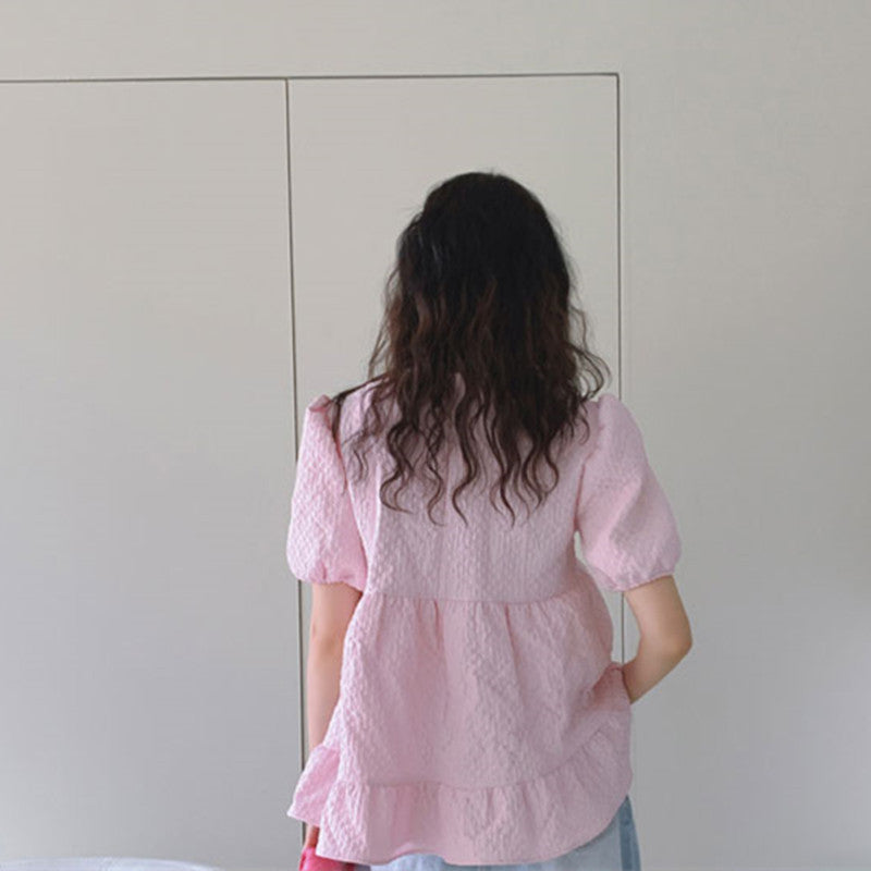 【Tops】今季トレンド~フェミニン無地ジャカード可愛いフレアブラウス2色展開 Z-5095