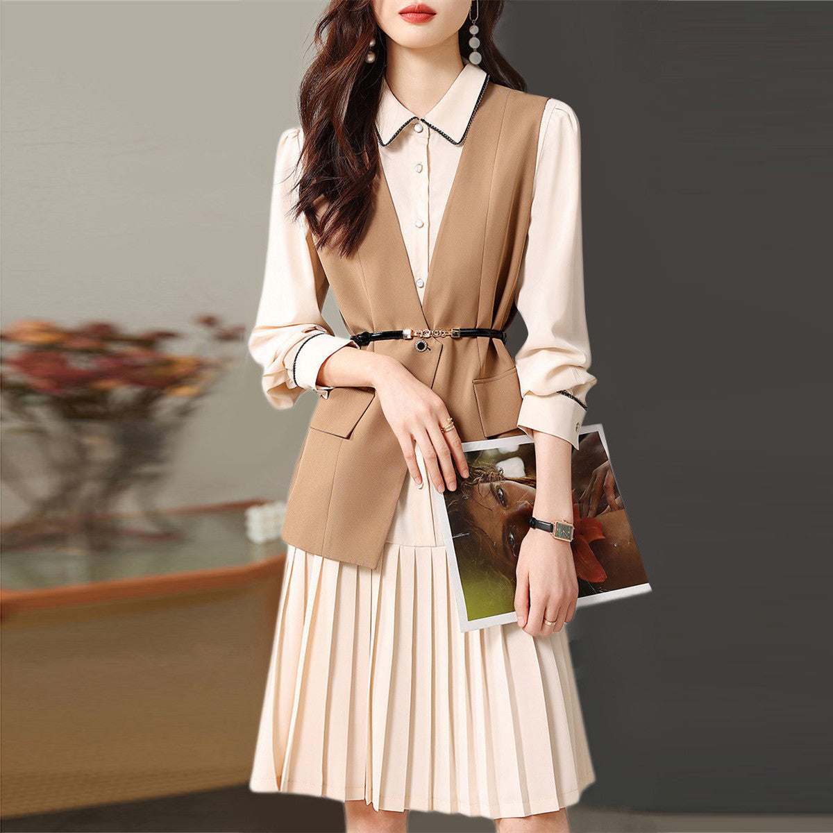 【Set】ベスト+シャツワンピース2点セット W8419