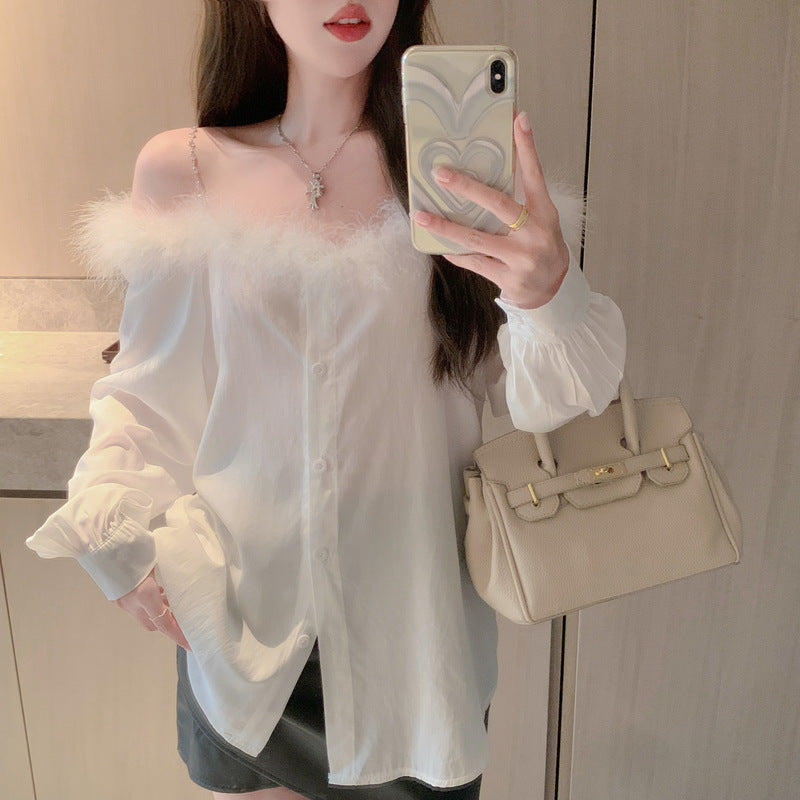 【Tops】オフショルダーファーシャツ W13517