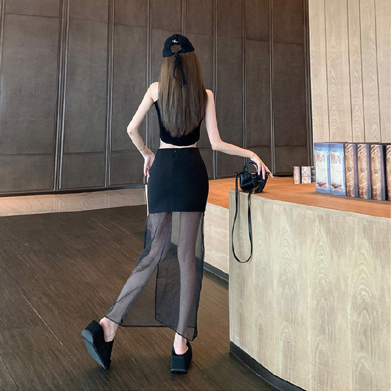 【Bottoms】切り替えAライン透け感ロングスカート黒 Z-5643