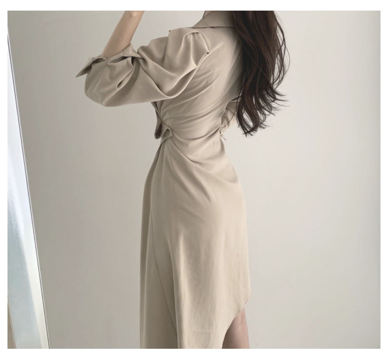 【Dress】韓国ファッションins風イレギュラー春秋ハイウエスト着痩せシャツワンピース2色選択可 Z-4744