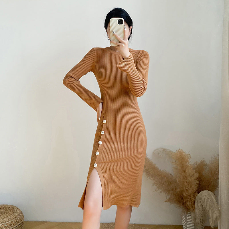 【Dress】3色スリット入りニットワンピース W9714