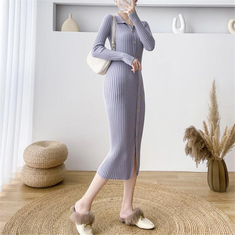 【Dress】お洒落主役~4色展開長袖ロング丈ニットワンピース W7775