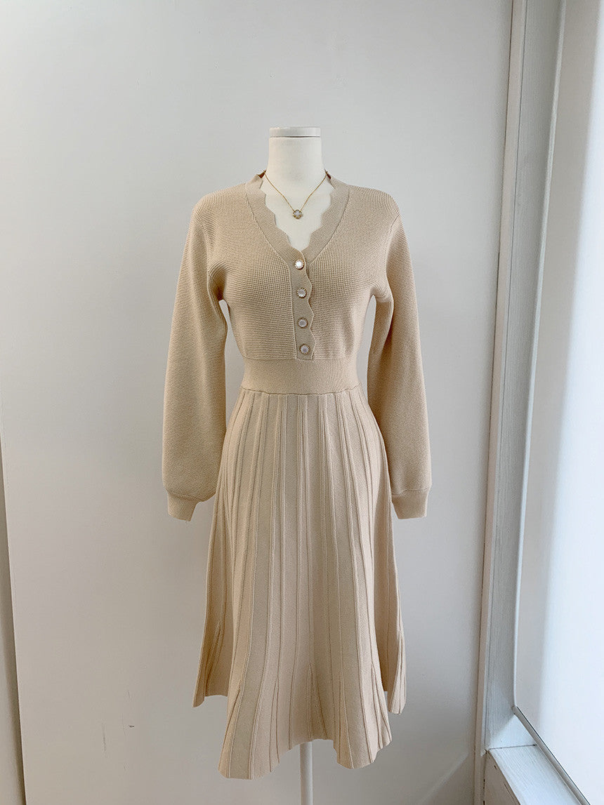【Dress】早い者勝ち~3色展開気質レトロ長袖ニットワンピース W7811