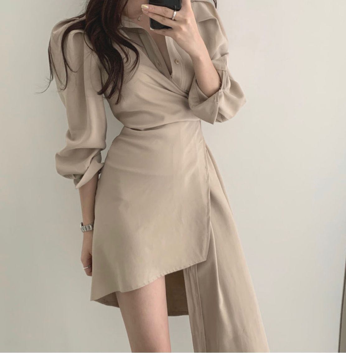 【Dress】韓国ファッションins風イレギュラー春秋ハイウエスト着痩せシャツワンピース2色選択可 Z-4744