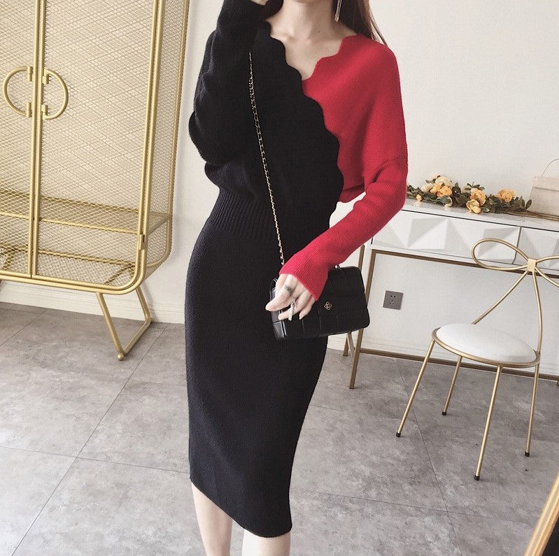 【Dress】Vネック配色タイトニットワンピース W8010