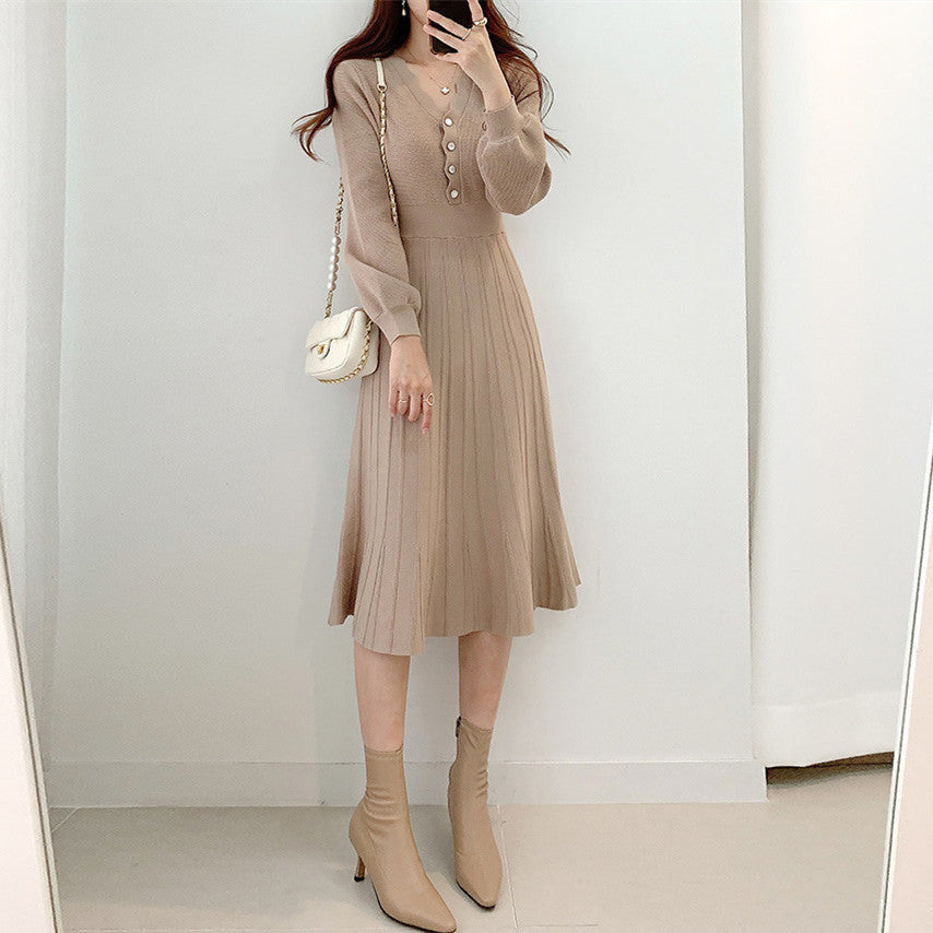 【Dress】早い者勝ち~3色展開気質レトロ長袖ニットワンピース W7811