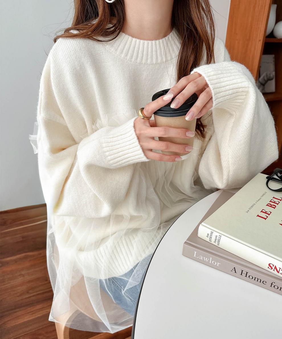 【Tops】3色展開チュール切替ニット Z8157