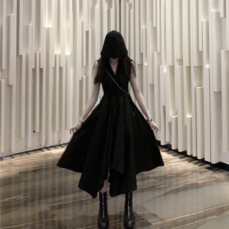 【Dress】大人気~ノースリーブウエスト絞りイレギュラー夏シャツワンピース W-5939