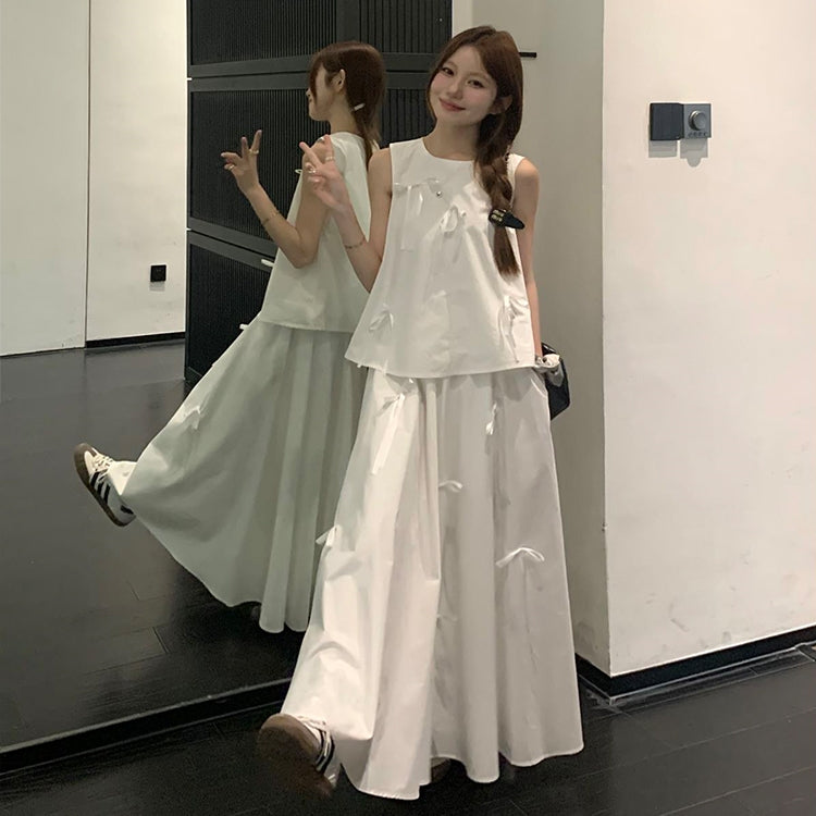 【Set】リボン付きノースリーブ2点セット T01448