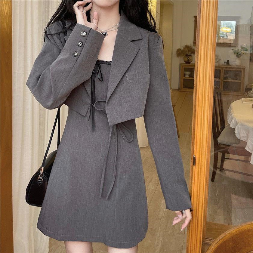 【Set】低身長方おすすめ2点セット 長袖コート + キャミソールワンピース W7655