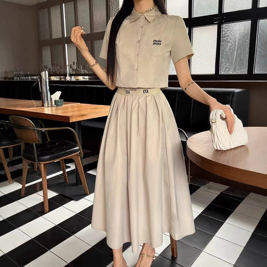 【Set】半袖シャツ+ウエストゴムスカートスーツ T01483