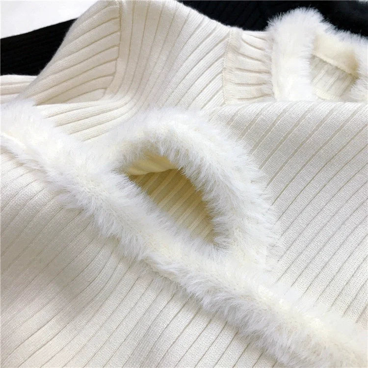 【Dress】フェイクファー透かし彫りニットワンピースW7909