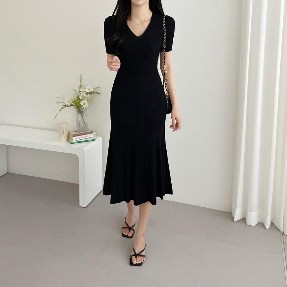 【Dress】大人シンプル無地vネック半袖マーメイドワンピース Z-5672